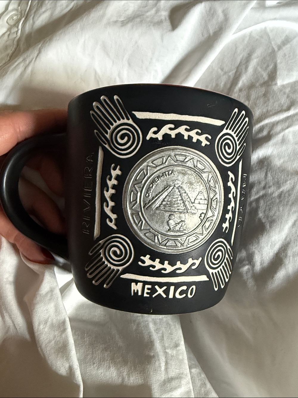 Mexico Black Ceramic Coffee Mug with Silver Aztec Medallion